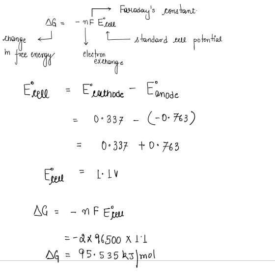 Farodays constant AG - -ME E cell change free energy m electron Į standard ell potential exchange Eeathode - Eanode 0.337 -