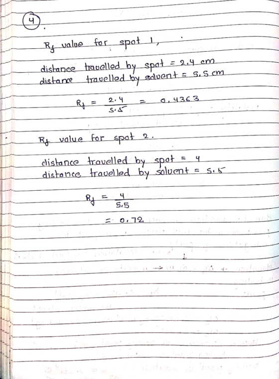 4 Rf value for spott, distance travelled by spał = 2,4 cm distance travelled by sovente S. S cm Rj 04363 2.4 sis Ry value for