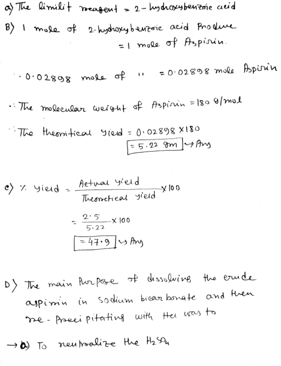 a) The limilit meagent a 2-hydroxybenzoic acid By I mole of 2-hydroxybenzoic acid produe S = 1 mole of Aspirin. -0.02898 mole