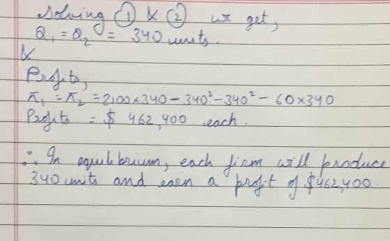solving & & (2 we get, Q = Q = 340 units. Poslite, n a = 2100x340-340² - 340² - 600340 Profits = $ 462.400 each. In equilibri