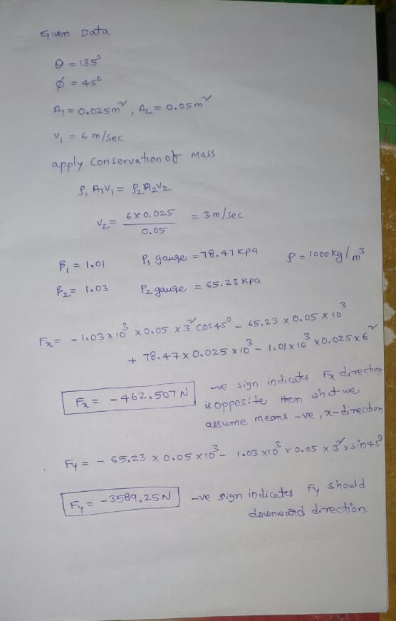 Given Data - 135 = 45° A = 0.025m A = 0.05m v=6m/sec apply conservation of mass 8. Av = 8₂ M₂ V2 6X0,025 = 3 m/sec 0.05 8 = 1