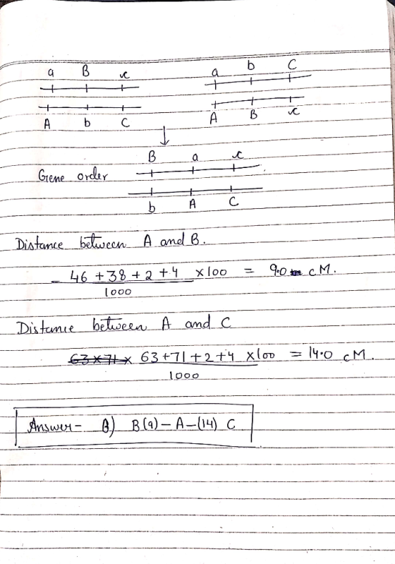 + lo Gene order t + = 90. tee C.M. Distance between A and B. 46 +38 +2 +4_xloo -- 1000 - Distance between A and C = 14.0_CM.