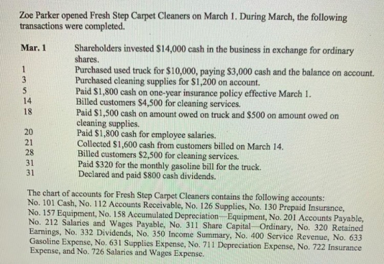 Zoe Parker opened Fresh Step Carpet Cleaners on March 1. During March, the following transactions were completed. Mar1Shareholders invested $14,000 cash in the business in exchange for ordinary shares Purchased used truck for $10,00, paying S3,0 cash and the balance on account. Purchased cleaning supplies for $1,200 on account. Paid $1,800 cash on one-year insurance policy effective March 1. Billed customers S4,500 for cleaning services. Paid $1,500 cash on amount owed on truck and $500 on amount owed on cleaning supplies. Paid $1,800 cash for employee salaries Collected $1,600 cash from customers billed on March 14. Billed customers $2,500 for cleaning services Paid $320 for the monthly gasoline bill for the truck Declared and paid $800 cash dividends. 14 18 20 21 28 31 31 The chart of accounts for Fresh Step Carpet Cleaners contains the following accounts: No. 101 Cash, No. 112 Accounts Receivable, No. 126 Supplies, No. 130 Prepaid Insurance, No. 157 Equipment, No. 158 Accumulated Depreciation Equipment, No. 201 Accounts Payable o. 212 Salaries and Wages Payable, No. 311 Share Capital Ordinary, No. 320 Retained Earnings, No. 332 Dividends, No. 350 Income Summary, No. 400 Service Revenue, No. 633 Gasoline Expense, No. 631 Supplies Expense, No. 711 Depreciation Expense, No. 722 Insurance Expense, and No. 726 Salaries and Wages Expense.