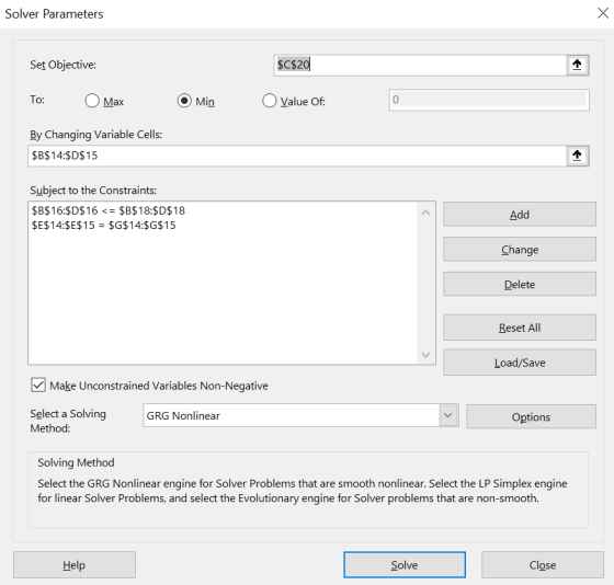 Solver Parameters Set Objective: To: Max By Changing Variable Cells: sc$20 Min Value Of. 0 $B$14:$D$15 Subject to the Constra