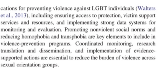 cations for preventing violence against LGBT individuals (Walters et al., 2013), including ensuring access to protection, vic