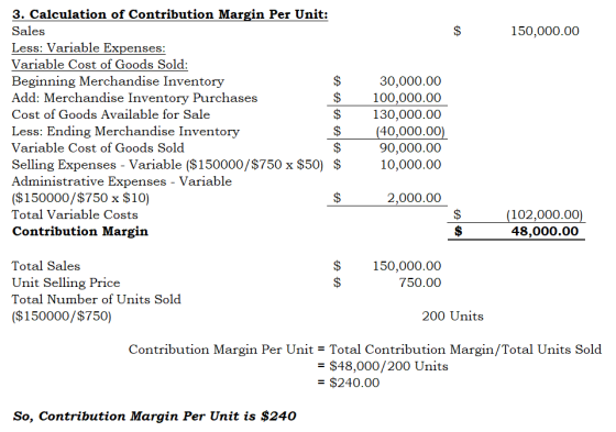 $ 150,000.00 3. Calculation of Contribution Margin Per Unit: Sales Less: Variable Expenses: Variable Cost of Goods Sold: Begi