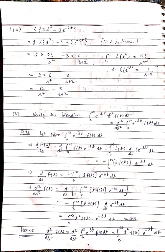al 1(a) L{2 t - 3e ?t qua = 9 24 + ²) - 3.250 2t} {. 2 is linean) T - 3X1 :21#) -n! = 2 * 3! st +2 l leat) - S L -a 32*6 - 3