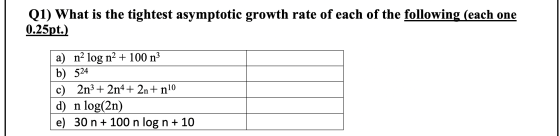 Q1) What is the tightest asymptotic growth rate of each of the following (each one 0.25pt.) a) nº log nº + 100 nở b) 524 c) 2