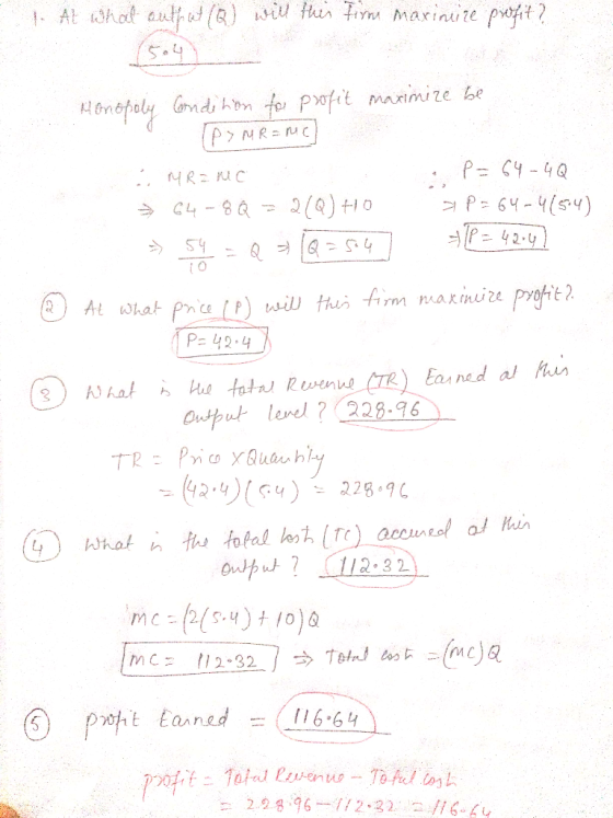 - At what authat (Q) will this firm maximire profit? Monopoly Condition for profit maximize be P> MR = mc Mramo P = 64-4Q 64-