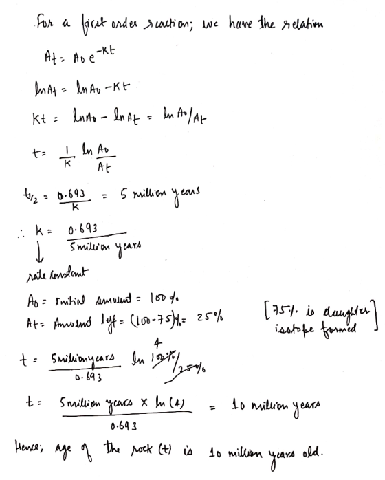 for a first order reaction; we have the relation -KE At= Ao e In At = ln Au-kt Kt = lnto - ln At = ln Alar kh I In to At tiz