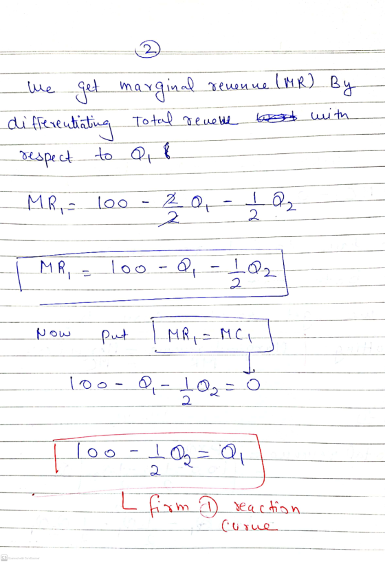 2 we get marginal revenue (MR) By differentiating won with Total revelle respect to a MR - 100 2 Qu Iar 2 2 MR, 100 - Q Q1 =