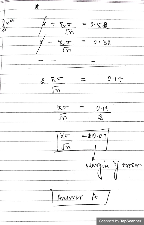 x t.hr = 0.59 ur ho 8Goo ur 2 ho - 0.14 us = 0.14 ha in = 0.07 ur wells Margin of Answer A Scanned by TapScanner