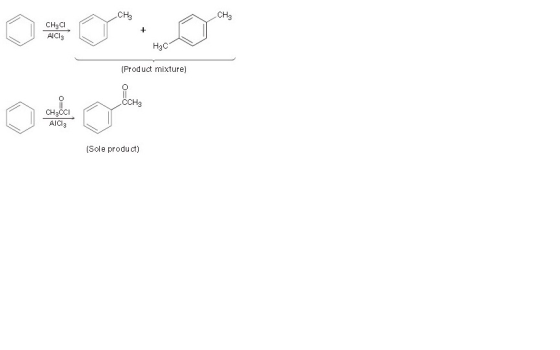 CH3 CH3 снасі AICI: + H3C (Product mixture) che LICHE CCH3 CH3CCI AICI: (Sole product)