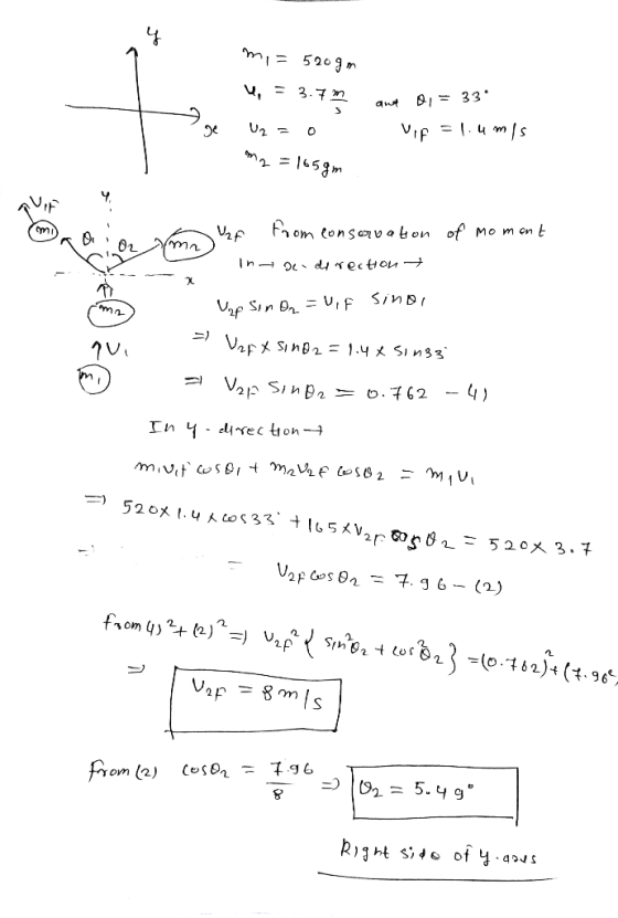mi=520gm W = 3.75 U₂= 0 and B1 = 33. Vif = 1.umis m2 = 165gm of moment U2f from conservation intre de rechtou + - Uap sinar =