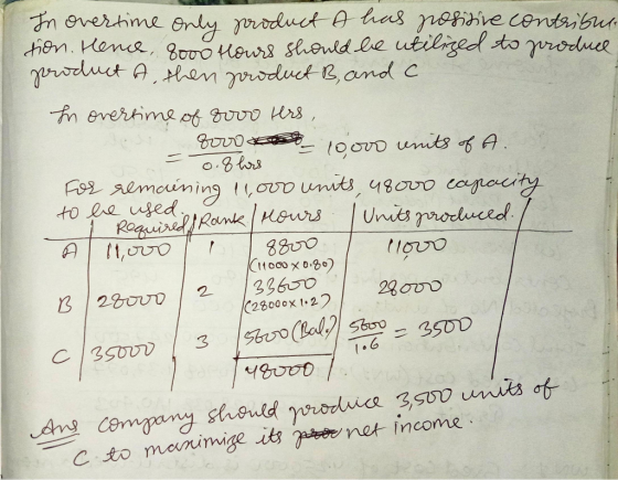 In overtime Only poroducto has posisie contribur. fion. Hence, Boo0 Hours should le utiliged to produce peroduct A, then prod
