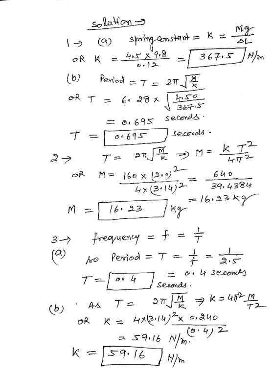 OR -- 0.12 solution 1 > @ Spring Constant = K = mg of K = 4,5 x°98 - 367,5 Non (b) Period = T = 20 JA of T = 60 28 x 14,50 36