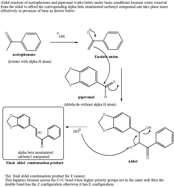 Aldol reaction of acetophenone and piperonal works better under basic conditions because water removal from the aldol to affo