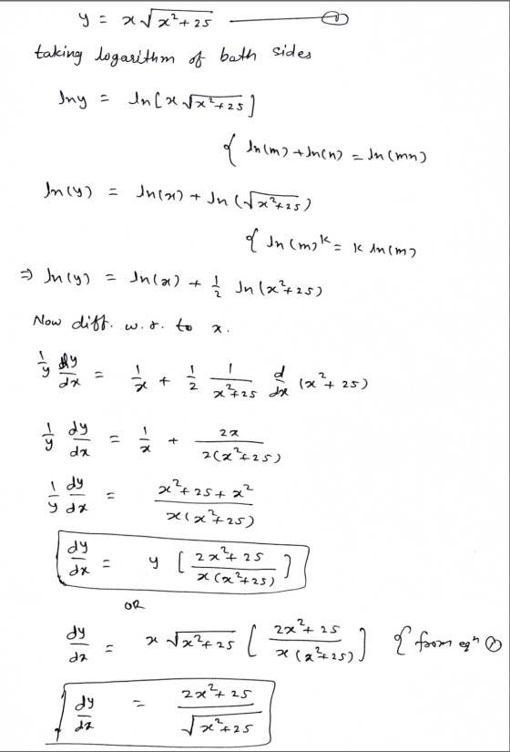 y = arx²+25 taking logarithm of both sides Iny = Inca dx²+25 of Animo +Jucu? = ln (mn) Incy) In(a) + In x²+25) & in (moka kin