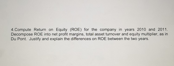 4.Compute Return on Equity (ROE) for the company in years 2010 and 2011 Decompose ROE into net profit margins, total asset tu