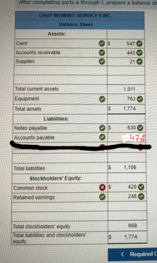 After completing parts a through I, prepare a balance sh GRAY MOWING SERVICES INC. Balance Sheet Assets: Cash S Accounts rece