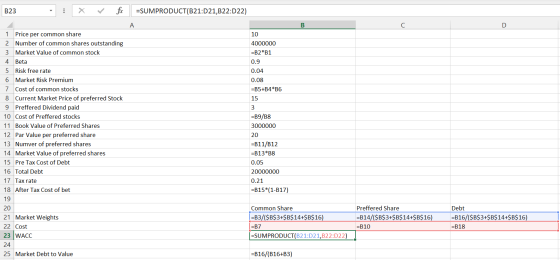 B23 ESUMPRODUCT(B21:D21,B22:22) B D 10 4000000 =B2*B1 0.9 0.04 0.08 =B5+B4*B6 15 1 Price per common share 2 Number of common