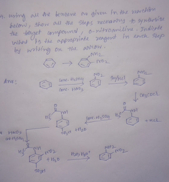 4. using all the benzene as given in the rearchion below, show all the steps necessary to synthesize the target compound, o-n