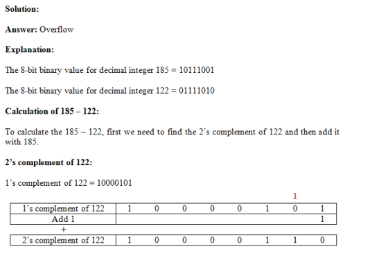 Solution Answer: Overflow Explanation The 8-bit binary value for decimal integer 185 10111001 The 8-bit binary value for deci