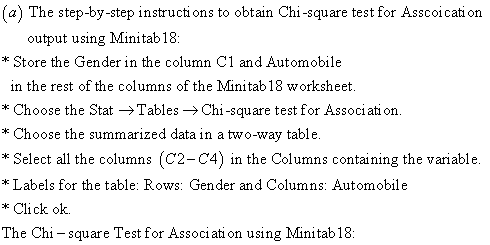 (a) The step-by-step instructions to obtain Chi-square test for Asscoication output using Minitab18: * Store the Gender in th