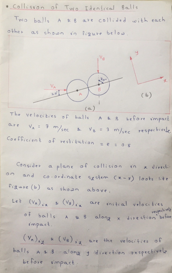 • Collisoon of Two Identical Balls Two balls H & B are collided with each other as shown en figure below. y VB 70 x VA B 2001