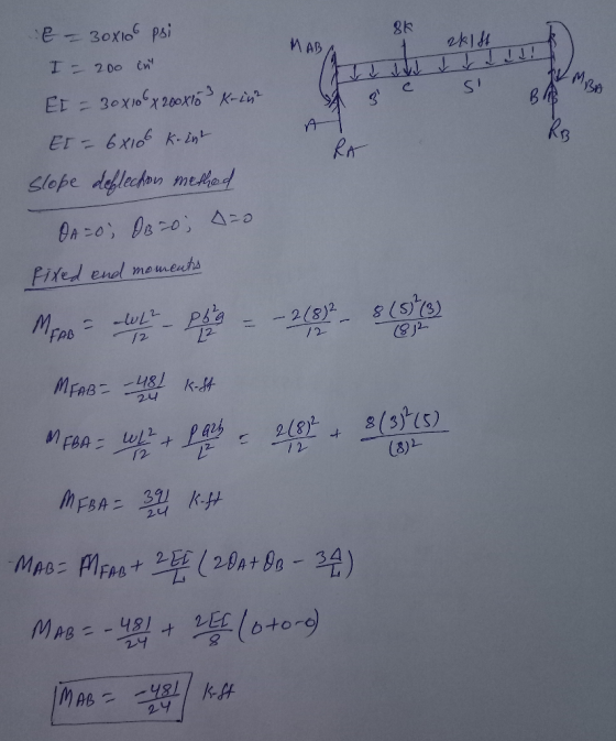 E 8k 30x10 psi MAB I = 200 in akit L L L ld! SI BAB RB A EL - 30 X 10Cx200x15° Krim ET = 68106 Koint Slope deflechou metsed R