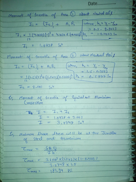 Date. moment of Inentia of Area ② about Neutral axis I, (Ia) + where, h, 2 %-TNA |(4.1031) (0)2 + 4.1034 * (-0.4223||n Ah = 0