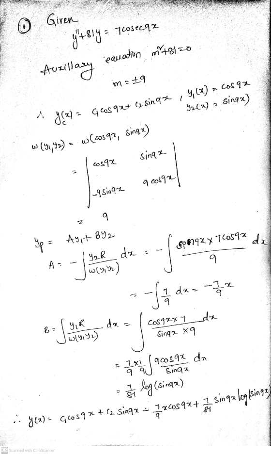 y(x) = Gosqx +(2 singa - 6 Given y+81y = Tcosecax Auvillay equation m4812-0 mat9 , (X) & Cos qa YzCx) = sinax) ^ y (x) GOS 92
