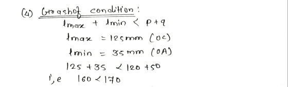 (4) Groashof condition: lmase + Amin + min < P+q Imax = 125mm (oc) lmin = 35mm COA) 125 +35 L 120 +50 le 160 <170
