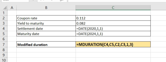 B 10.112 Coupon rate Yield to maturity Settlement date Maturity date 0.082 =DATE(2020,1,1) =DATE(2024,1,1) Modified duration