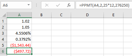 X f =PPMT(A4,2,25*12,276250) 1.02 1.05 4.5506% 0.3792% ($1,543.44) ($497.72) 6