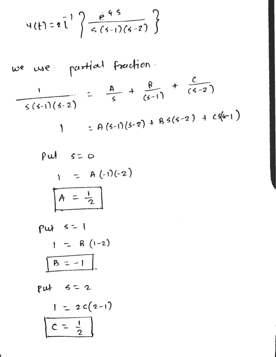 ë 4 s 4(H)=11} ;} 5(5-1(5-2) we. partial fraction C B + 1 A + (5-2) s (5-1) 5(5-1)(3-2) - A15-1)(5-2) + B 5(5-2) + (561) Put