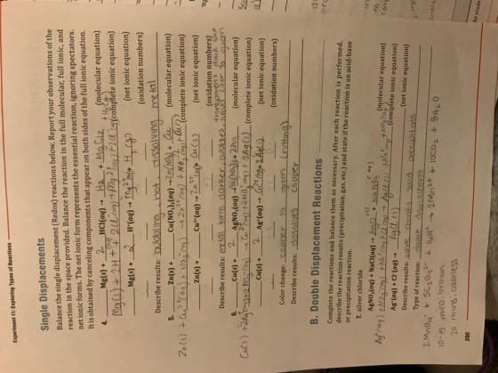 Experiment 11: Exploring Types of Reactions Single Displacements Balance the single displacement (Redox) reactions below. Rep