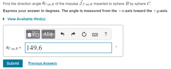 Find the direction angle OC on B of the impulse J Con B imparted to sphere B by sphere C. Express your answer in degrees. The