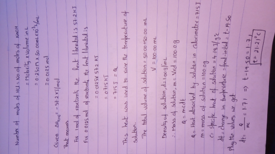 Numbei of moles of u No of moles of nao MosiyVolume in 一一20.0125 mal That mean This heat oas used to saire tte tempescatuse a