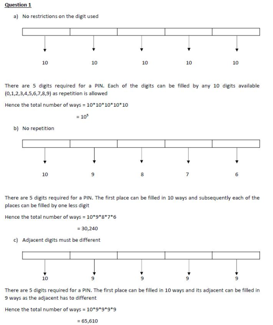 Question 1 a) No restrictions on the digit used 10 10 10 10 10 There are 5 digits required for a PIN. Each of the digits can