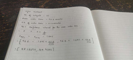 After treatment : No. of subjects = 20 Mean wake time = 96. 6 minutes S.D. of wake time = 22.6 minutes. confidence interval f