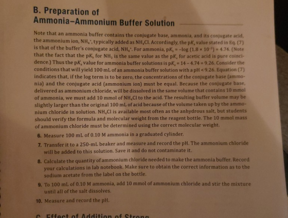B. Preparation of Ammonia-Ammonium Buffer Solution Note that an ammonia buffer contains the conjugate base, ammonia, and its