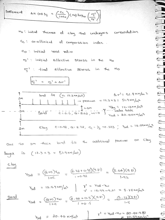Settlement AH CON SA Citea (Ha) 10910 9) Ho initicul Thicknes of cby that undergoes consolidation Cc: co-efficient ol Corypre