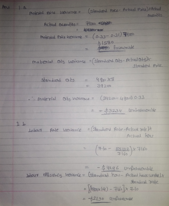 - Ans la material paice variance = (standard Bice- Actual Price) x Actual Ouambly Actual Auantity 7900 segera material price
