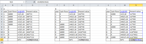 e fx =SUM(N3:N12) N13 B A C F G H I J K L M 1 A 2 year Cash flows pv@18% Present value 31 16000 1=1/1.18 =B3*C3 42 16000 =C3/