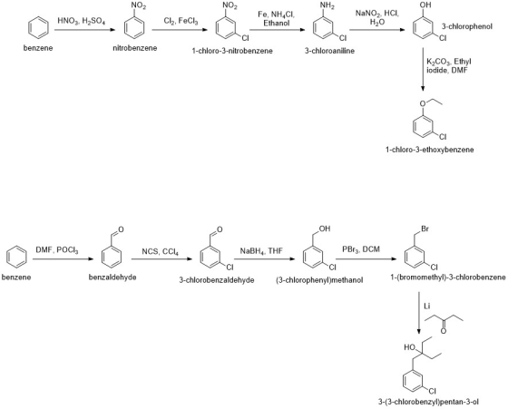 NO2 NO2 NH2 OH m.mm.5 ora. Cam.co . En annen HNO3, H2SO4 Cl2, FeCl3 Fe, NHACI, Ethanol NaNO2, HCI H2O 3-chlorophenol benzene