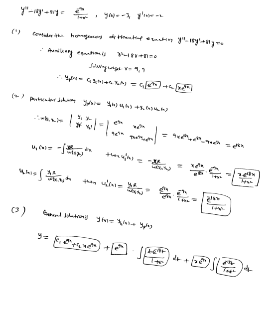 Y = Faha 1 960) = -3, ylco=-2 (1) consider the homogeneouy differential equation yl_1847814 zo Auniliary equation is 82_188+8