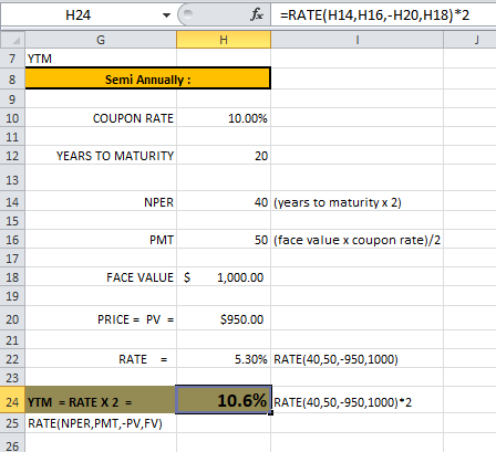H24 fc =RATE(H14, H16,-H20, H18)*2 7 YTM Semi Annually: COUPON RATE 10.00% YEARS TO MATURITY NPER 40 (years to maturity x 2)