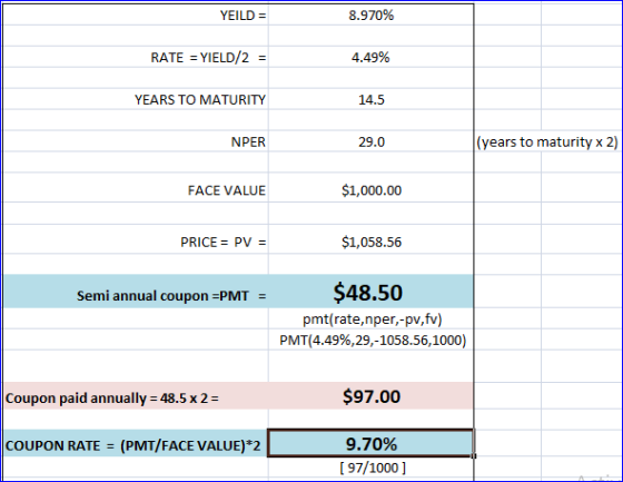 YEILD = 8.970% RATE = YIELD/2 = 4.49% YEARS TO MATURITY 14.5 NPER 29.0 (years to maturity x 2) FACE VALUE $1,000.00 PRICE = P