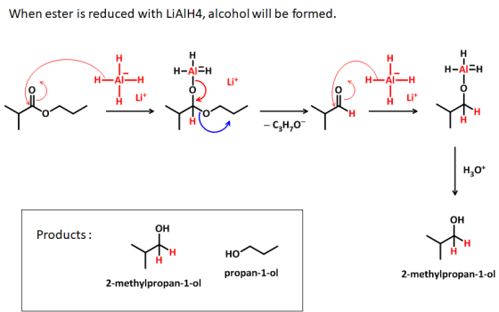When ester is reduced with LiAlH4, alcohol will be formed. H- H-AICH H-APH -A - H H -Al -H 大上起士主 HL/ -CSHO Ho+ OH Products: *